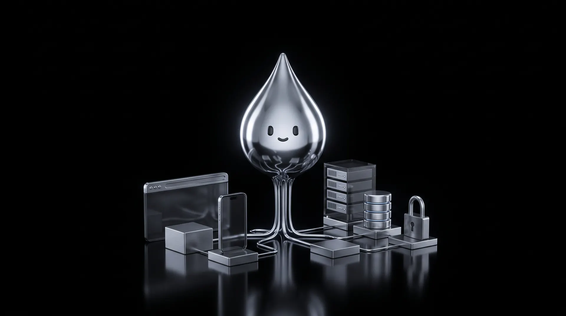 The HappyHack drop building a browser, a phone, servers, a database and a padlock out of liquid chrome.